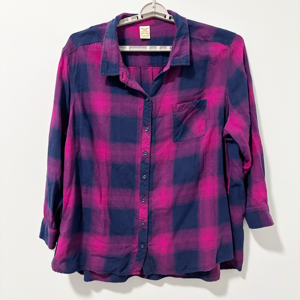 Faded Glory Button Down Shirt Women 4X Pink Purple Plaid Long Sleeve Cotton Top